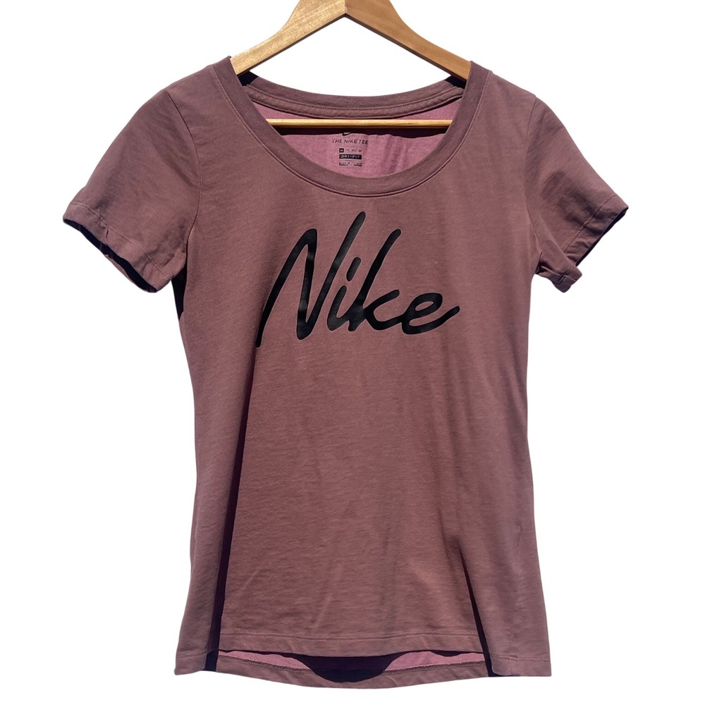 Nike Dri-FIT Womens Script Logo T-Shirt Mauve Pink Short Sleeve XS